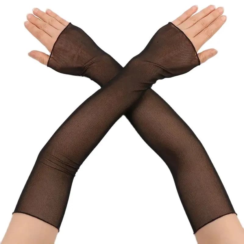 Women Sexy High Elasticity Breathable Thin Mesh Transparent Tight Fingerless Gloves Summer Sun Protection Ruffles