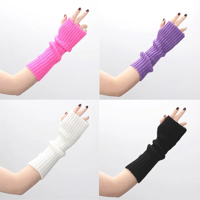 Female Y2K Fashion Arm Warmers Soft Knitted Gloves Women Girl Half Finger Mittens Solid Color Winter Arm Sleeves