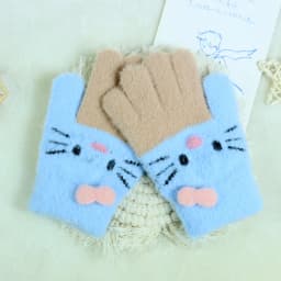 Winter Warm Woolen Gloves for 4-10 Years Old Cute Cartoon Cat Fingers Children's Color Block Gloves