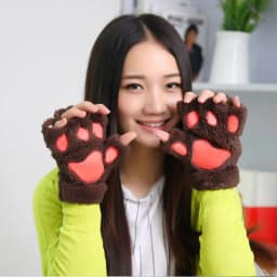 Women Lovely Cartoon Fluffy Bear Cat Claw Paw Mittens Winter Female Half Finger Plush Gloves Ladies Fingerless Warm Gloves G22