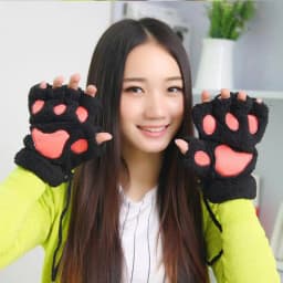 Women Lovely Cartoon Fluffy Bear Cat Claw Paw Mittens Winter Female Half Finger Plush Gloves Ladies Fingerless Warm Gloves G22