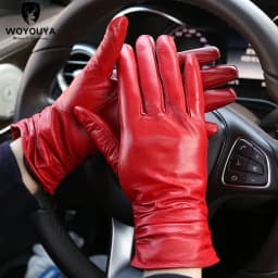 Winter Sheepskin Women's Gloves Warm Plus Velvet Short Thin Touch Screen Driving Female Color Leather Gloves New High End-2801T