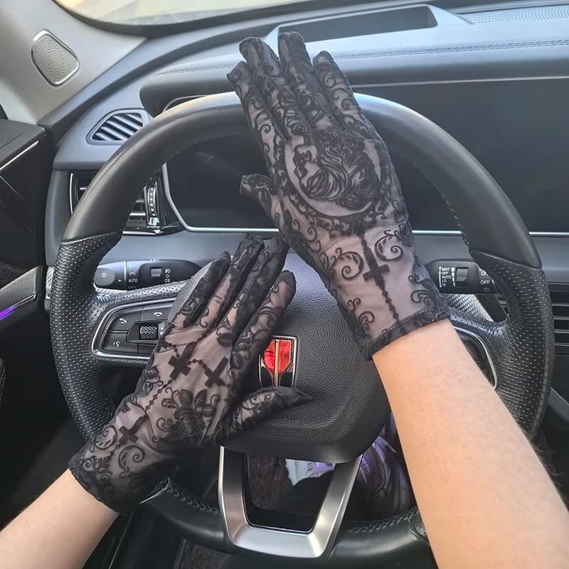 Halloween 22CM Women Rose Print Mesh Sexy Lolita Black Transparent Long Gloves Cosplay Performance Breathable Drive Sunscreen