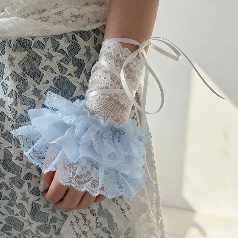 Women's Y2K Style Sexy Lace Gloves Sweet Ruffled Tulle Fingerless Mittens Elegant Ribbon Tie Wrist Cuffs Anime Cosplay Lolita