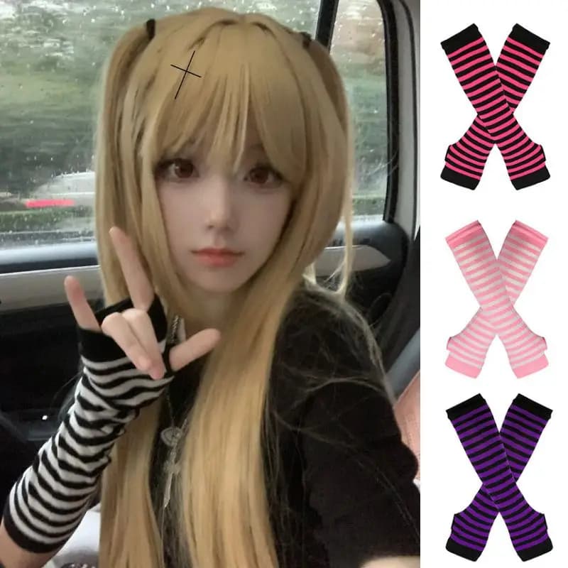 Fashion Women Emo Gloves Long Glove Arm Cover Pink Black And White Striped Fingerless Elbow Gloves Warmer Knitted Gloves Y2K