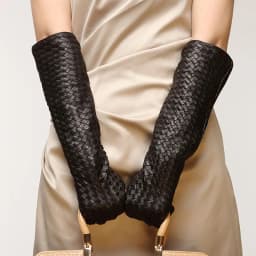 Women 2025 Winter Genuine Leather 40cm Long Thin Gloves Female Goatskin Plaid Knitted Evening Show Luva Mujer Opera Guantes