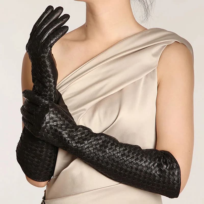 Women 2025 Winter Genuine Leather 40cm Long Thin Gloves Female Goatskin Plaid Knitted Evening Show Luva Mujer Opera Guantes