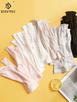 Birdtree, 100%Real Silk Knitted Gloves, Sun Protection Moisturizing, Women Half Finger Gloves, Breathable Skin Friendly A43876QM
