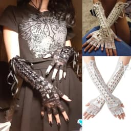 Women Sexy Lace Long Gloves Black Elbow Half-finger Gloves Ribbon Fingerless Fishnet Mesh Etiquette Party Gothic Lolita Gloves