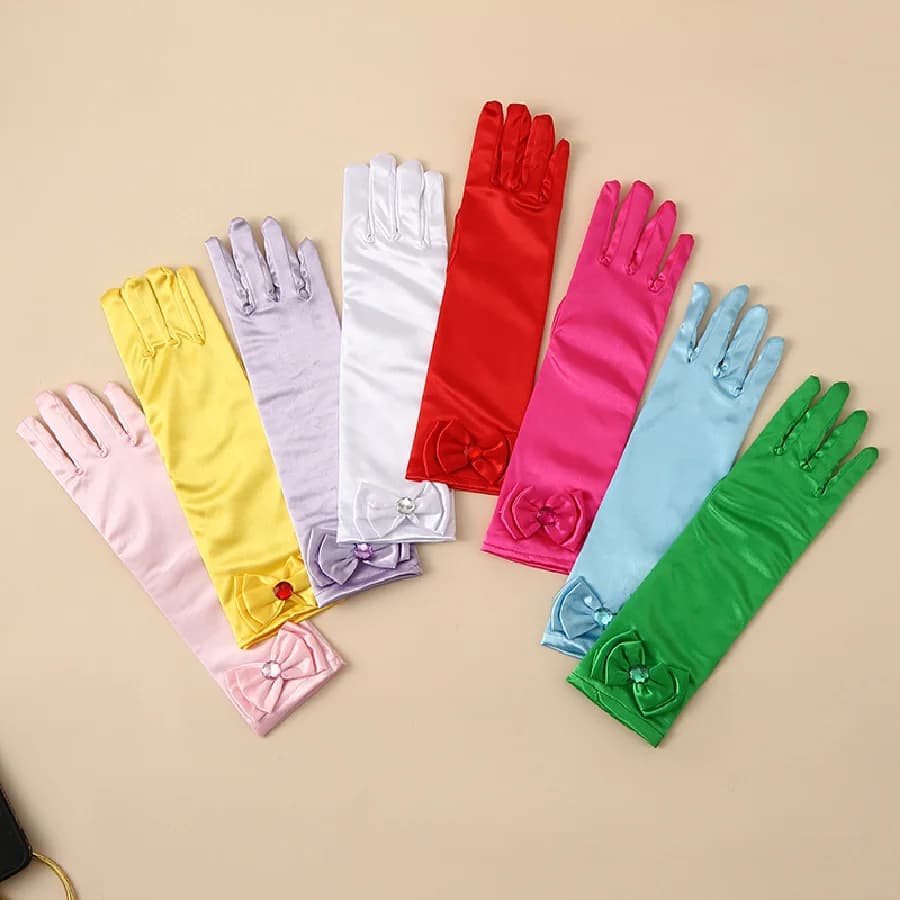 Children's satin princess gloves, girl's butterfly shiny face knot dance performance stage gloves, crystal all finger gloves