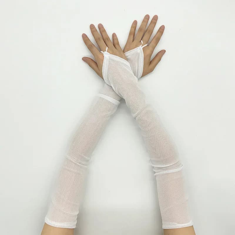 50cm Women Black White Transparent Mesh Breathable Elasticity Hook Finger Long Gloves Sexy Party Etiquette Fingerless Gloves