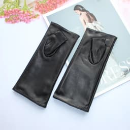 New Women Fashion Long Genuine Leather Black Sheepskin Driving Outdoor Fingerless Gloves Spring and Autumn