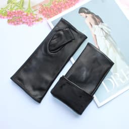 New Women Fashion Long Genuine Leather Black Sheepskin Driving Outdoor Fingerless Gloves Spring and Autumn