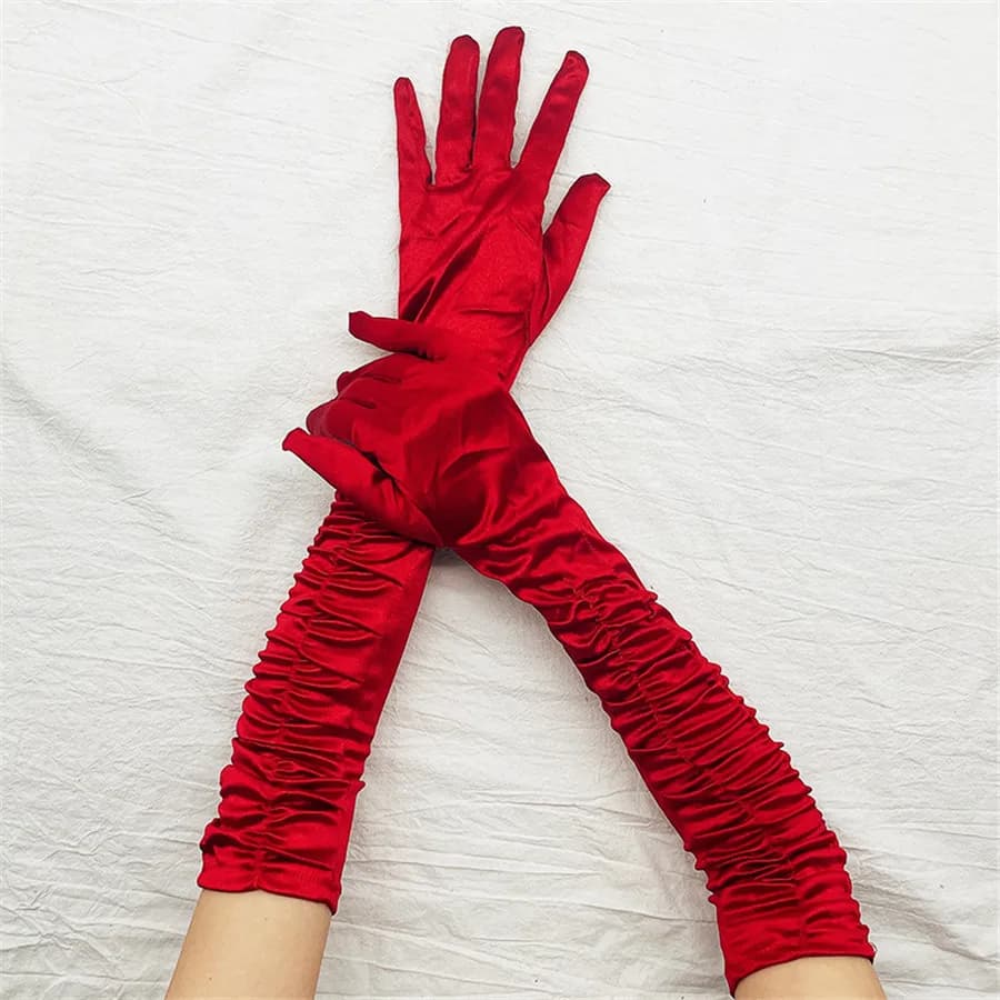Women Long Solid folds Satin Soft Multicolor Ceremonial Gloves Dance Performance Elasticity Retro Style Opera