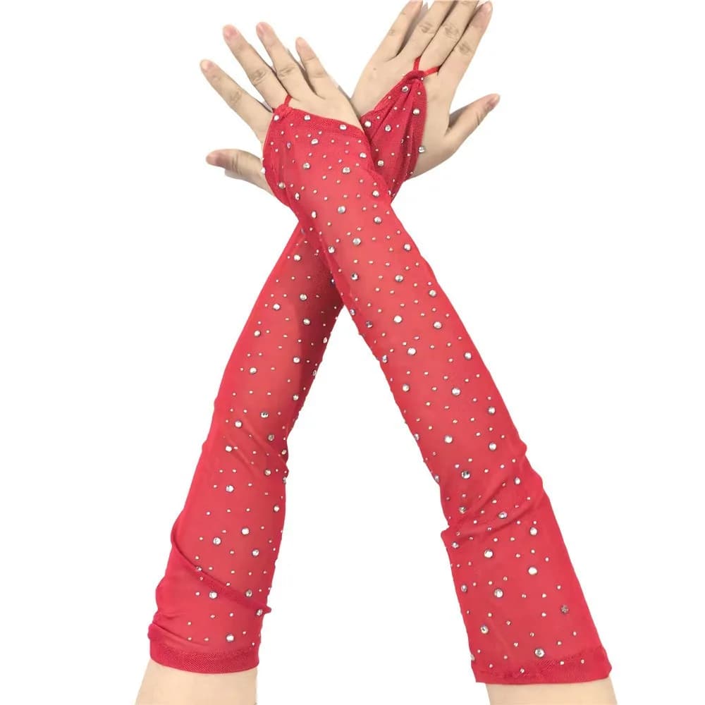 Rhinestone Mesh Fingerless Gloves Rhinestone Breathable Long Sunscreen Gloves Nightclub Dance Fingerless Arm Sleeves