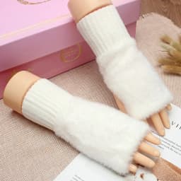 Women Knitted Gloves Half Finger Faux Rabbit Fur Mittens Plush Glove Winter Warm Lady Fingerless Gloves Touch Screen Work Gloves