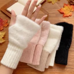 Women Knitted Gloves Half Finger Faux Rabbit Fur Mittens Plush Glove Winter Warm Lady Fingerless Gloves Touch Screen Work Gloves