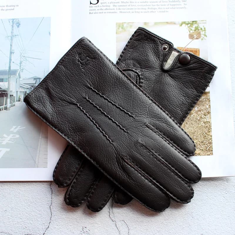 Deerskin Gloves Men's Touch Screen High-Quality Leather 2025 New Hand-Stitched Thin Wool Lining Keeps Warm in Autumn and Winter
