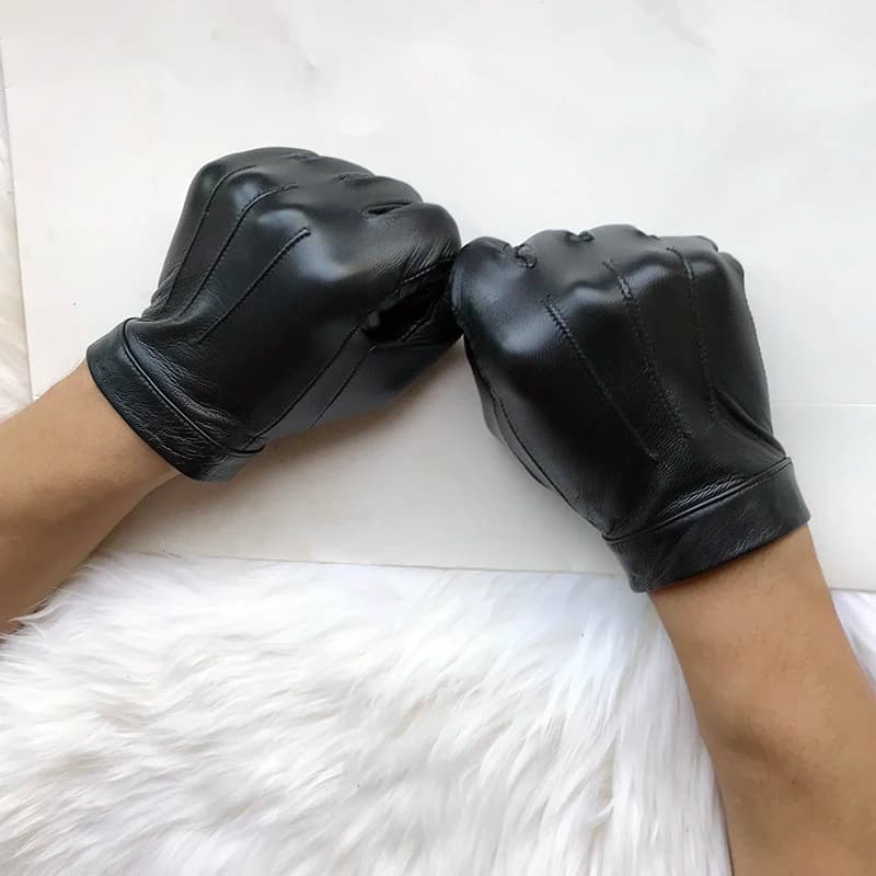 Unlined Gloves Wrist Button Sheep Leather Touch Screen Winter Gloves For Men Black Thin Lining Genuine Leather