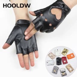 HOOLDW New Cycling Fingerless Gloves Fashion Women PU Leather Gloves Dancing Party Show Costume Breathable Half Finger Mittens