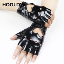 HOOLDW New Cycling Fingerless Gloves Fashion Women PU Leather Gloves Dancing Party Show Costume Breathable Half Finger Mittens