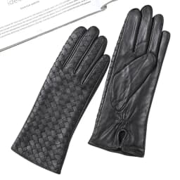 European Hand Woven Leather Lambskin Gloves for Woman 2025 Winter Black Beige Plaid Short Luvas Mujer Outdoor Warm Handschuhe