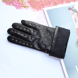 New Women's Sheepskin Gloves Leather Fashion Belt Rhinestone Warm Velvet Lining Gloves Winter