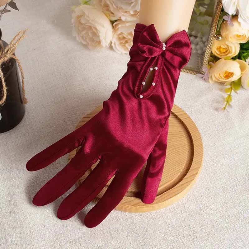Elegant Satin Wedding Dress Bridal Red Short Gloves Retro Pearl Bow Women Photograph Prom Etiquette Performance Accessories