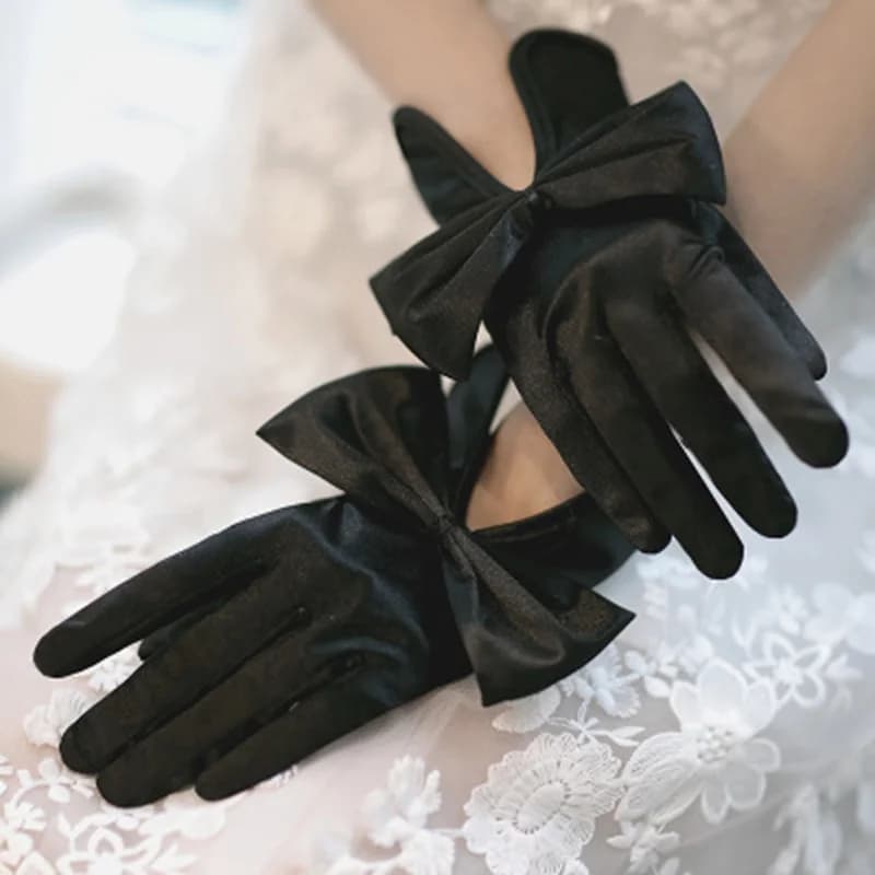 Korean Female Short Thin Bow Cutout Party Dress Gloves Women Summer Spandex Satin Elastic Anti-UV Sunscreen Driving Mittens K57