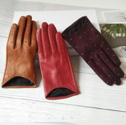 Women's Spring Autumn Natural Sheepskin Leather Gloves Female Genuine Leather Punk Style Rivet Motorcycle Driving Gloves R755