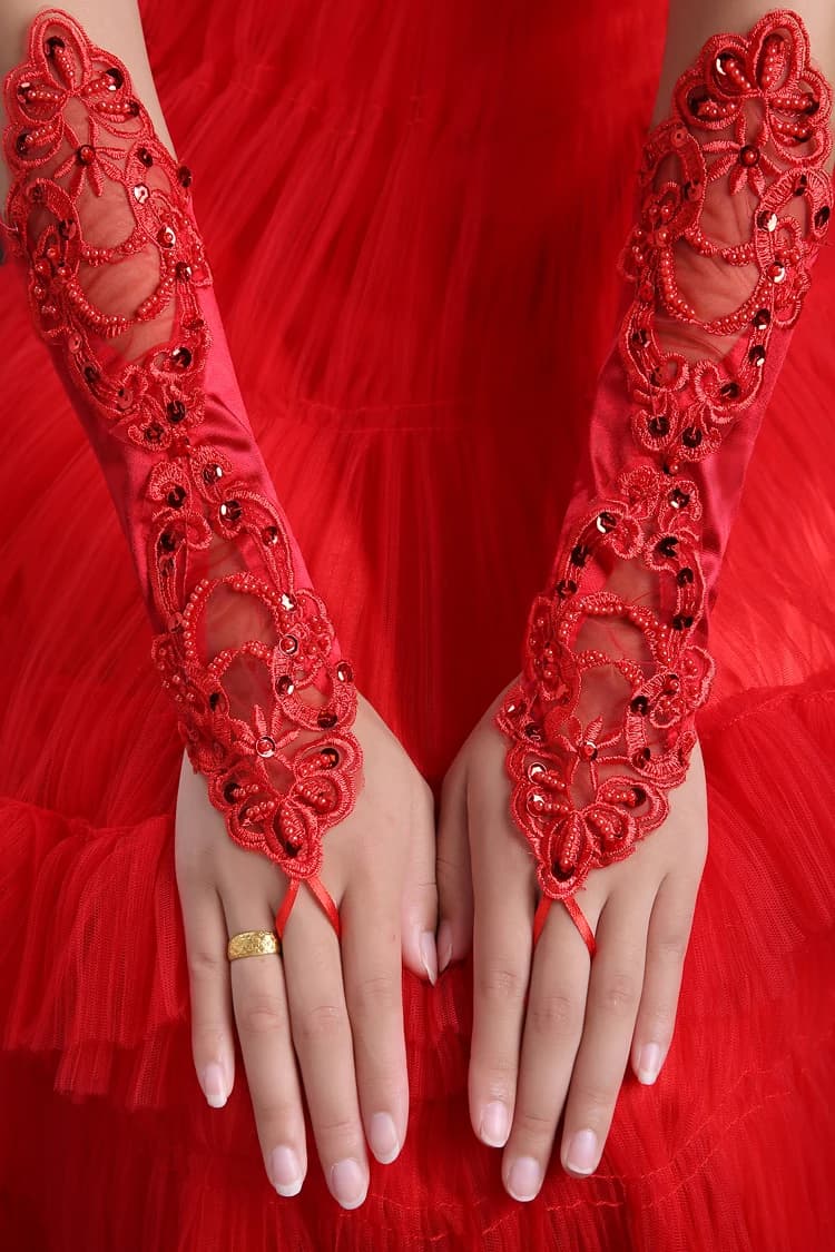 women's fashion gloves sexy red fingerless gloves red paillette lace gloves red long design gloves R2060