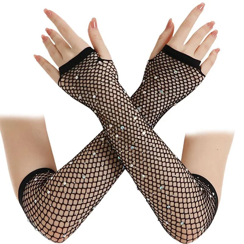 1 Pair Women Long Rhinestone Fishnet Net Gloves Fingerless Mesh Gloves Punk Rock Night Club Party Sexy Fashion Gloves