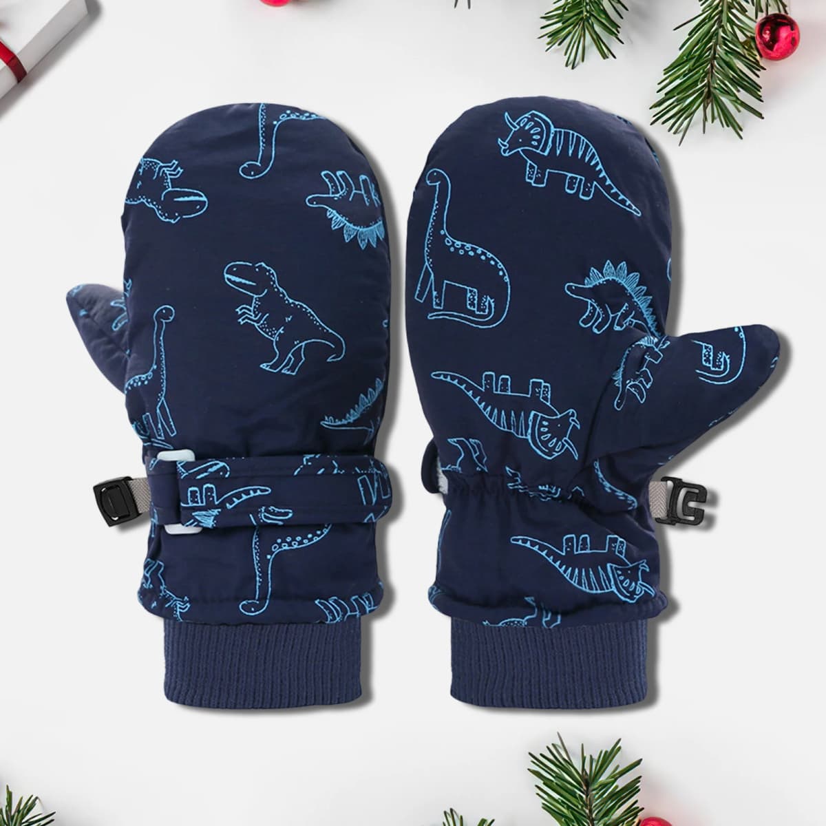 Children Waterproof Skiing Fleece Lined Mittens Dinosaur Patterned Winter Gloves Kids Outdoor Cold Weather Accessories