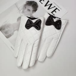 Women Black Bow Thickened Plush Inside Grid PU Artificial Leather Glove Sexy Female Nightclub Dance Punk Performance Mitten