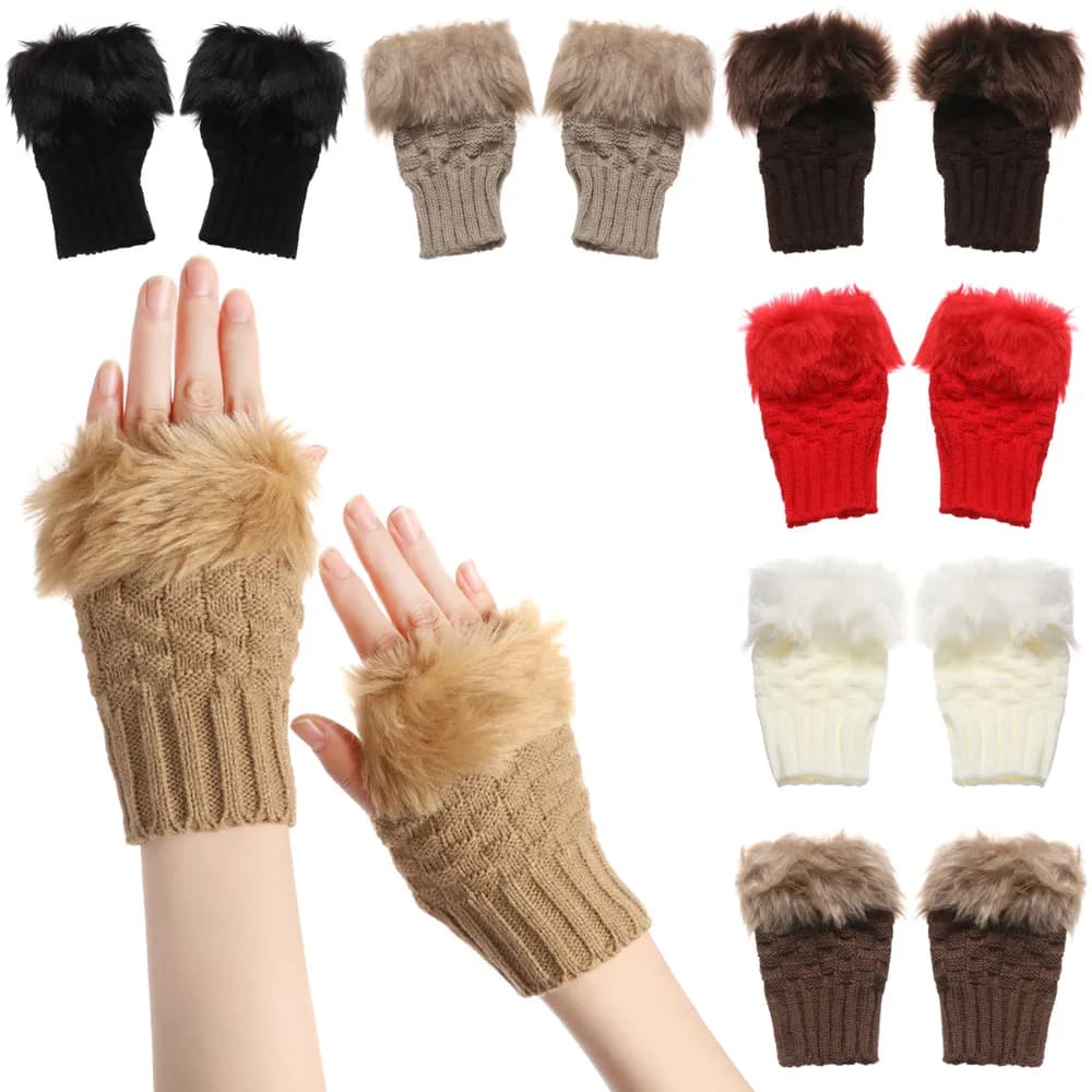 Winter Women Girls Faux Rabbit Hair Fingerless Thicken Warm Gloves Soft Stretch Mittens Outdoor Sports Half Finger Gloves