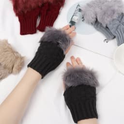 Winter Women Girls Faux Rabbit Hair Fingerless Thicken Warm Gloves Soft Stretch Mittens Outdoor Sports Half Finger Gloves