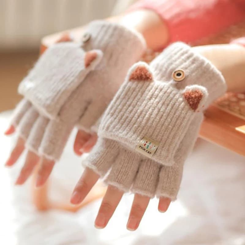 Cute Women Knitted Gloves Solid Cartoon Cat Ears Girls Mittens Autumn Winter Warm Woolen Lady Full Finger Gloves