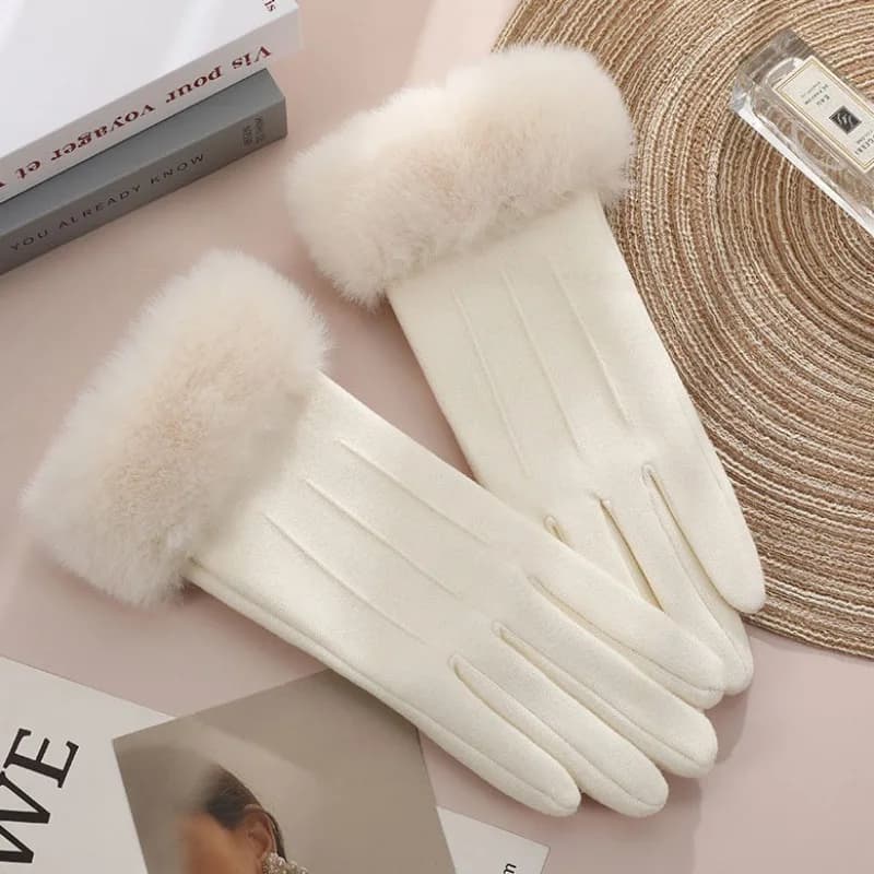 Women Winter Keep Warm Touch Screen Stripe Wrist Hairy Gloves Elegant Simple Windproof Not Bloated Cycling Drive Elasticity