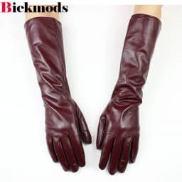 Women's 38 CM Long Fashion Color Leather Sheepskin Gloves with Velvet Lining Warm Finger Gloves for Autumn And Winter
