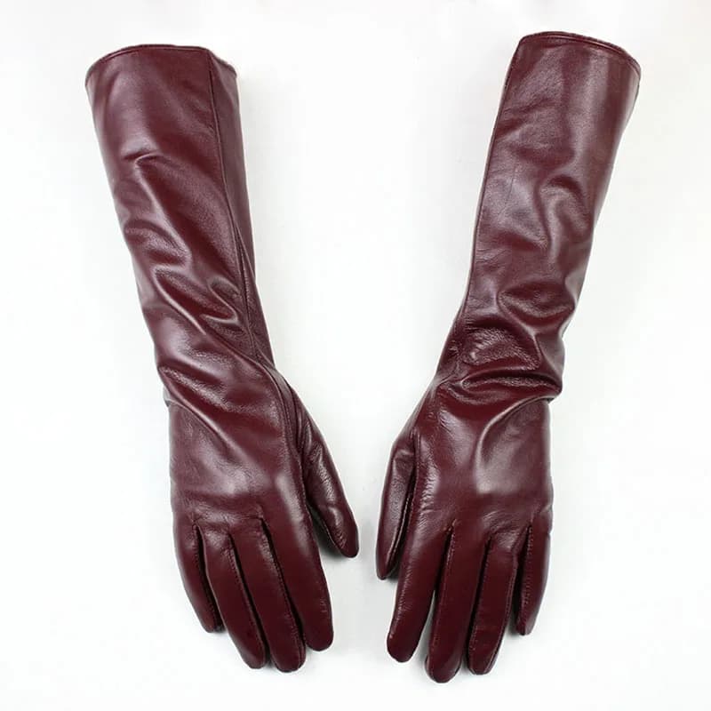 Women's 38 CM Long Fashion Color Leather Sheepskin Gloves with Velvet Lining Warm Finger Gloves for Autumn And Winter