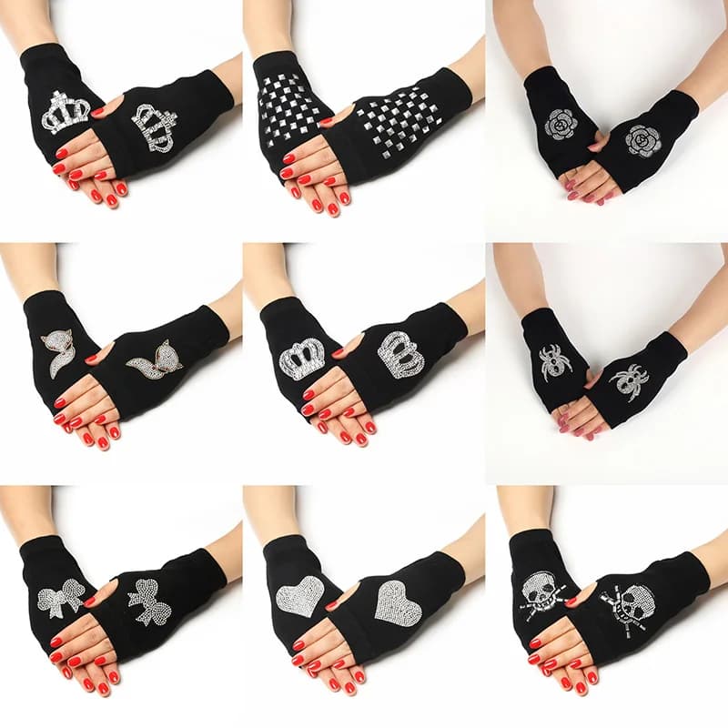 Fashion Rhinestone Rivet Crown Gothic Punk Adult Cool Fingerless Gloves Women Men Black Knitted Half Finger Winter Warm Mittens
