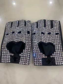 Women's fashion semi-finger faux PU  leather sexy fingerless heart cut out rhinestone gloves lady's hip-hop dance  gloves