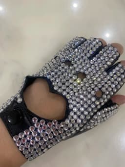 Women's fashion semi-finger faux PU  leather sexy fingerless heart cut out rhinestone gloves lady's hip-hop dance  gloves