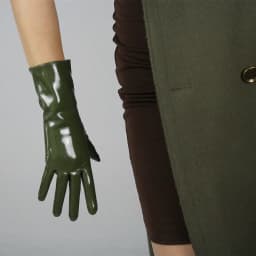 LATEX LONG GLOVES Shine Leather Faux Patent PU 28" 70cm Opera Olive Army Green LLDLLNT