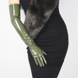 LATEX LONG GLOVES Shine Leather Faux Patent PU 28" 70cm Opera Olive Army Green LLDLLNT