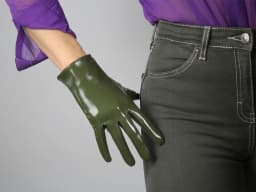 LATEX LONG GLOVES Shine Leather Faux Patent PU 28" 70cm Opera Olive Army Green LLDLLNT