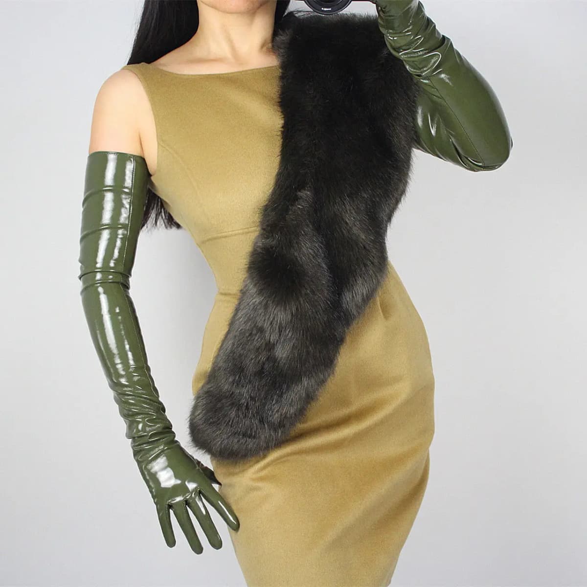 LATEX LONG GLOVES Shine Leather Faux Patent PU 28" 70cm Opera Olive Army Green LLDLLNT