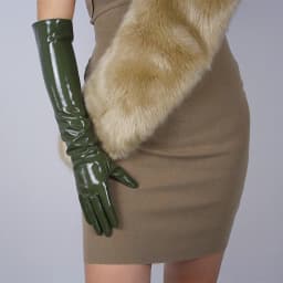 LATEX LONG GLOVES Shine Leather Faux Patent PU 28" 70cm Opera Olive Army Green LLDLLNT