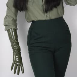 LATEX LONG GLOVES Shine Leather Faux Patent PU 28" 70cm Opera Olive Army Green LLDLLNT