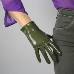 LATEX LONG GLOVES Shine Leather Faux Patent PU 28" 70cm Opera Olive Army Green LLDLLNT